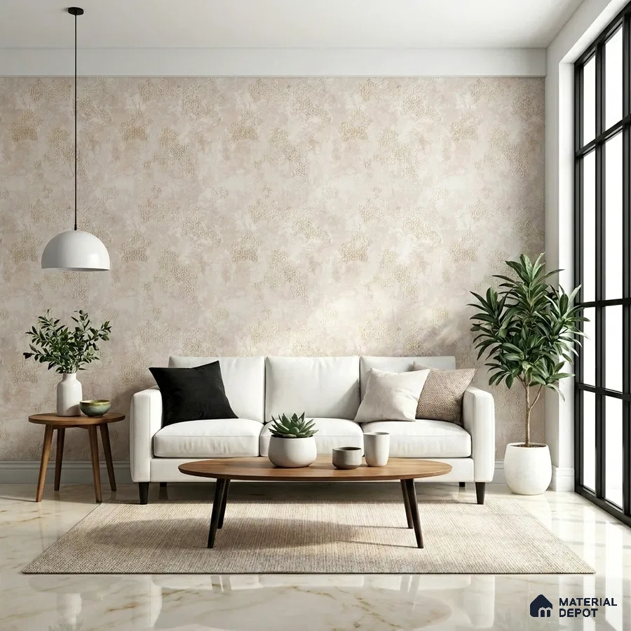 Scandinavian living room with beige patterned wallpaper and marble floor tile