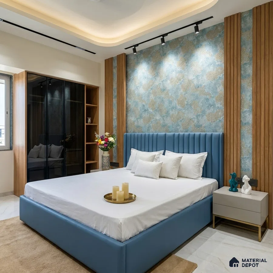 Modern bedroom with blue suede upholstered bed, wood louver panels, and blue-gold patterned wallpaper