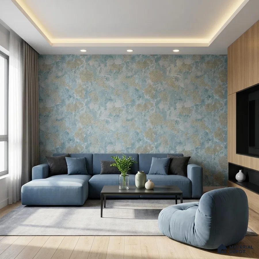 Modern living room with blue floral wallpaper, blue fabric sofa, and light oak wooden TV unit