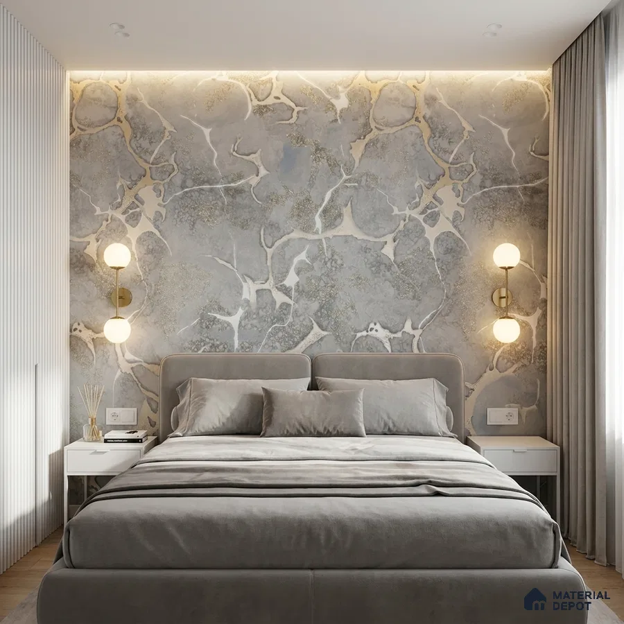 Modern bedroom with abstract marble-effect wallpaper and suede upholstered bed
