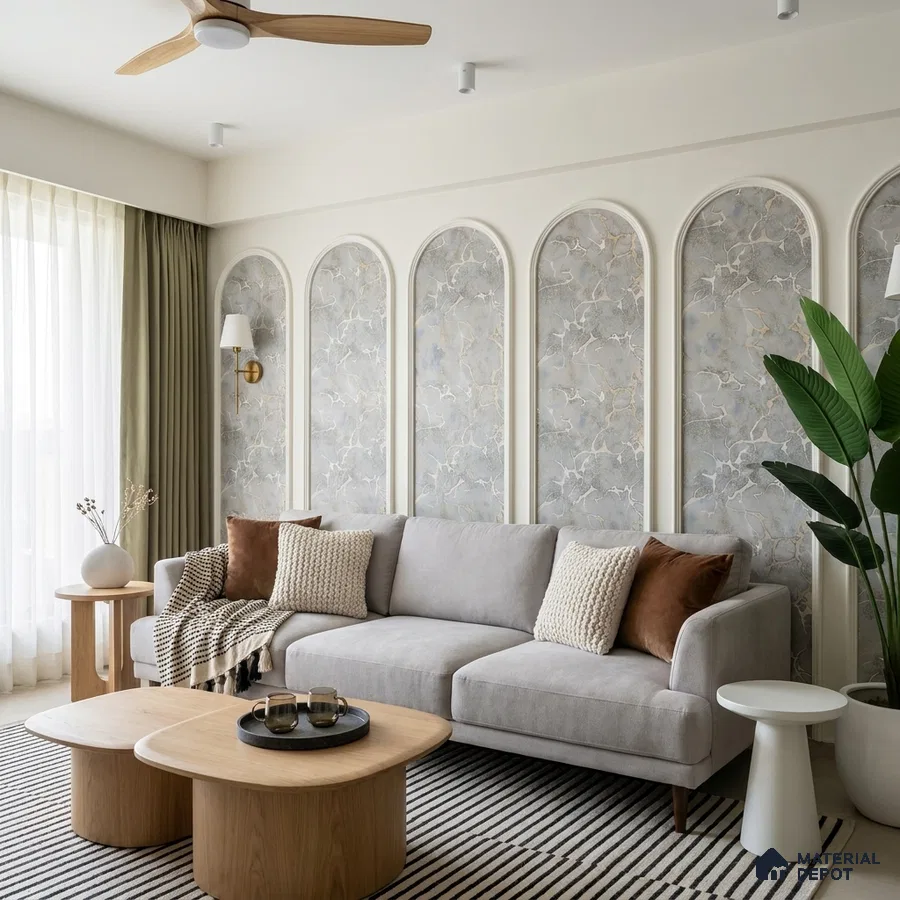 Scandinavian living room with marble-look accent wall panels and light oak coffee tables