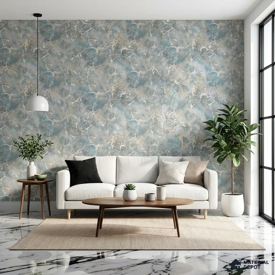 Modern living room with blue marble patterned wallpaper and white marble floor tiles