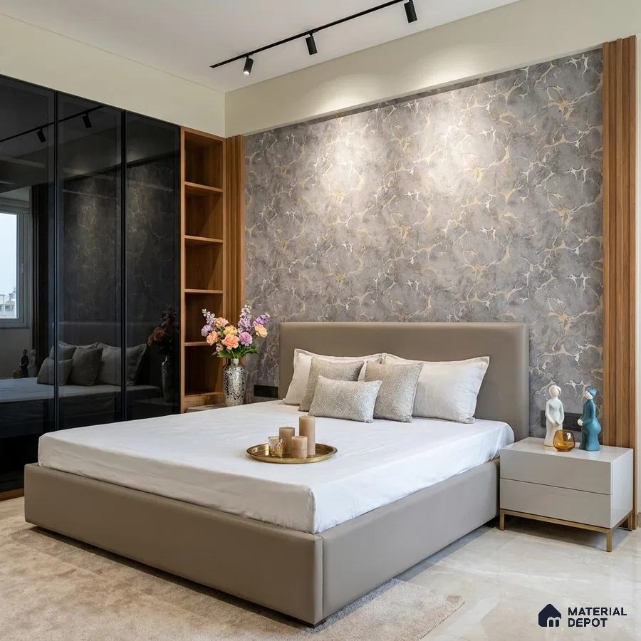 Modern bedroom with marble-look wallpaper, taupe upholstered bed, and glass wardrobe shutters