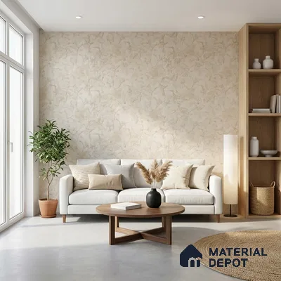 Scandinavian living room with beige marble textured wallpaper and light oak laminate shelving