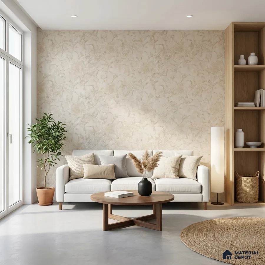 Scandinavian living room with beige marble textured wallpaper and light oak laminate shelving