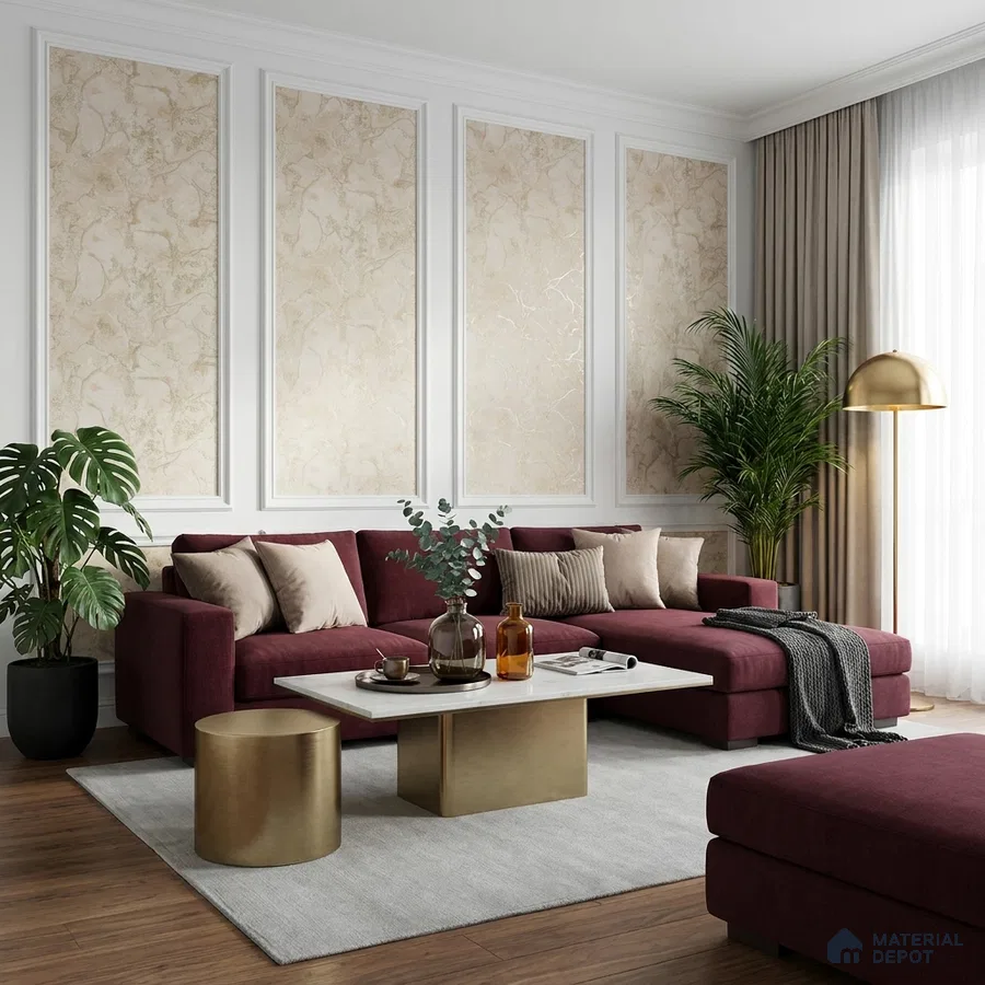 Modern living room with marble-look wall panels, burgundy sofa, and gold accent tables