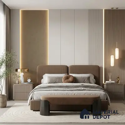 Minimalist bedroom with suede upholstered bed, fluted wood panels, and beige accent wall
