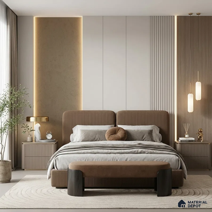Minimalist bedroom with suede upholstered bed, fluted wood panels, and beige accent wall