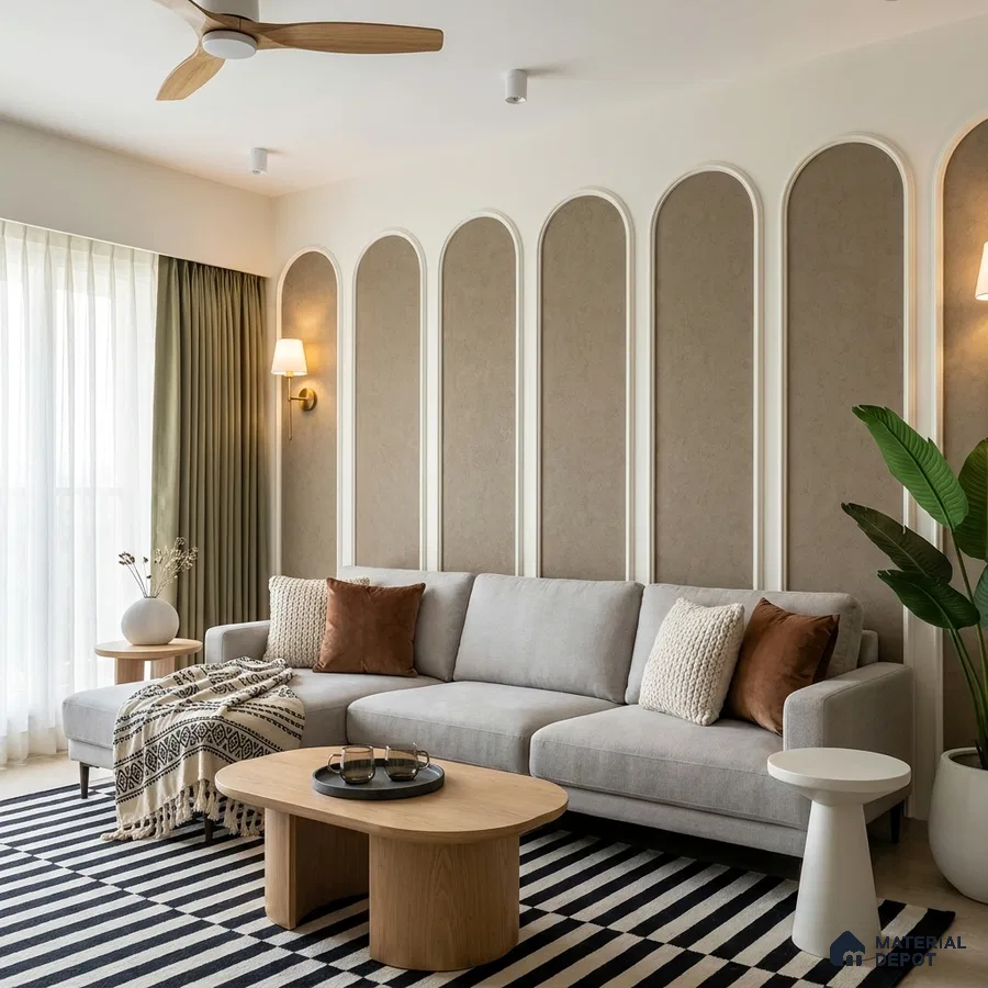 Scandinavian living room with arched wall panels, beige textured wallpaper, and light oak coffee table