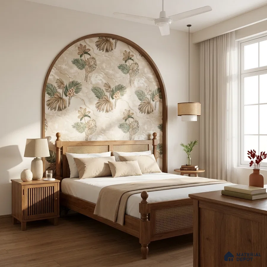 Scandinavian bedroom with floral wallpaper accent, natural wood bed, and wooden flooring
