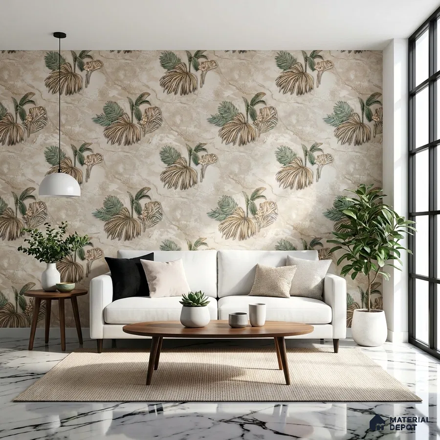 Mid-century modern living room with floral wallpaper and white marble floor tile
