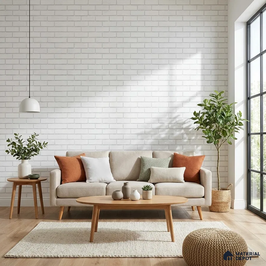 Scandinavian living room with white brick wall, light oak wooden flooring, and beige fabric sofa