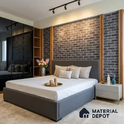 Modern bedroom with grey brick wallpaper accent wall, walnut wood panels, and glossy beige floor tile