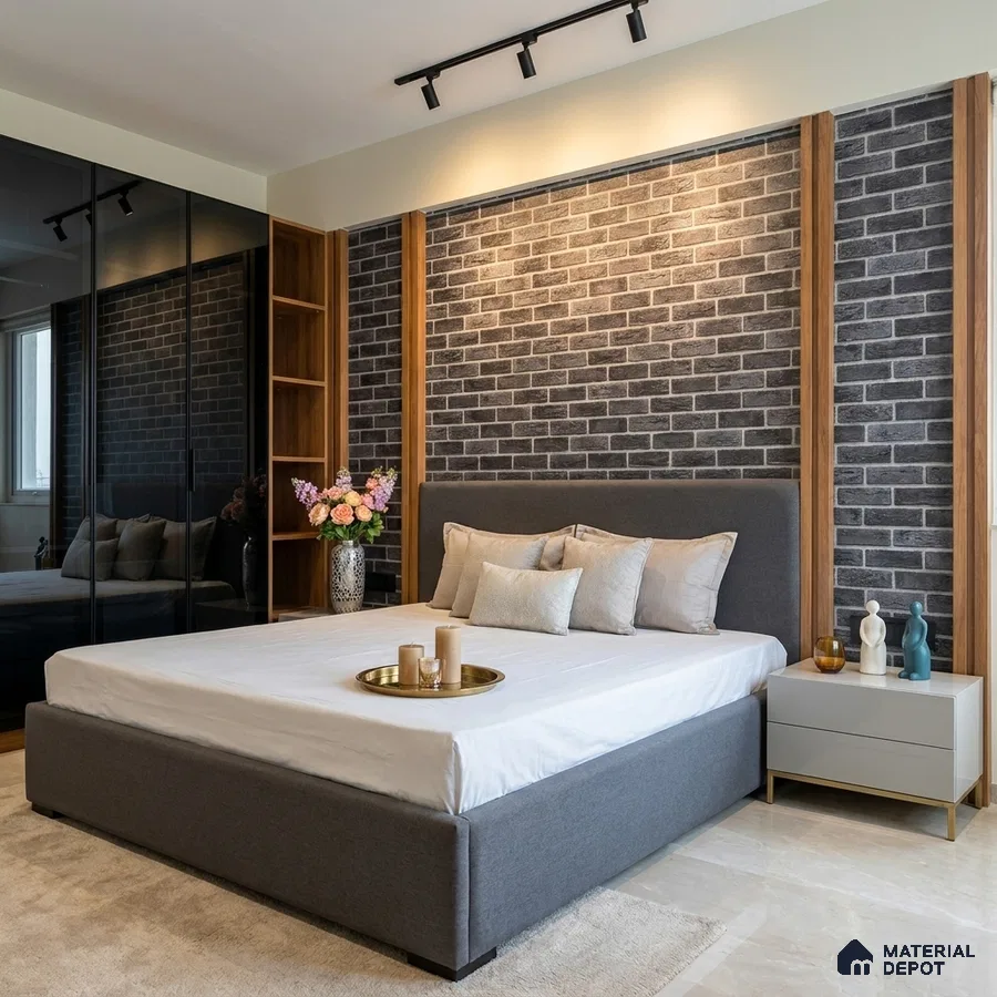 Modern bedroom with grey brick wallpaper accent wall, walnut wood panels, and glossy beige floor tile