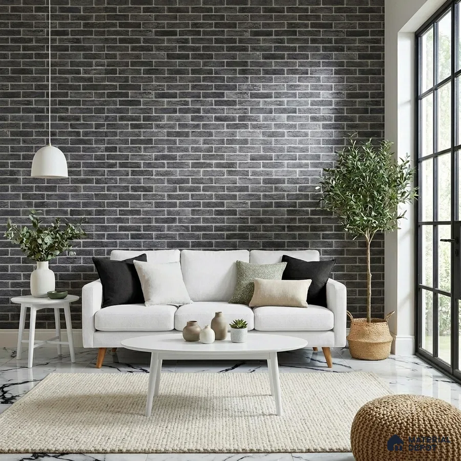 Scandinavian living room with grey brick wallpaper and white marble floor tile