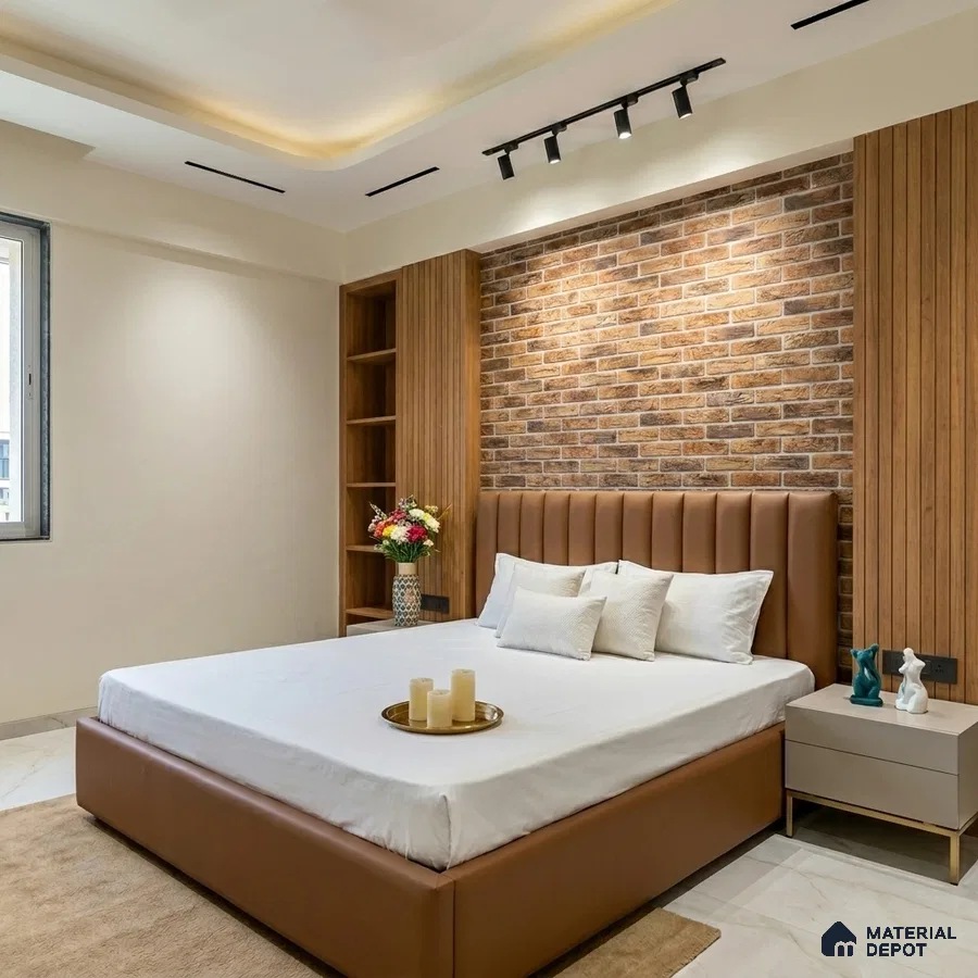 Modern bedroom with brick cladding accent wall, walnut wood louvers, and tan upholstered bed
