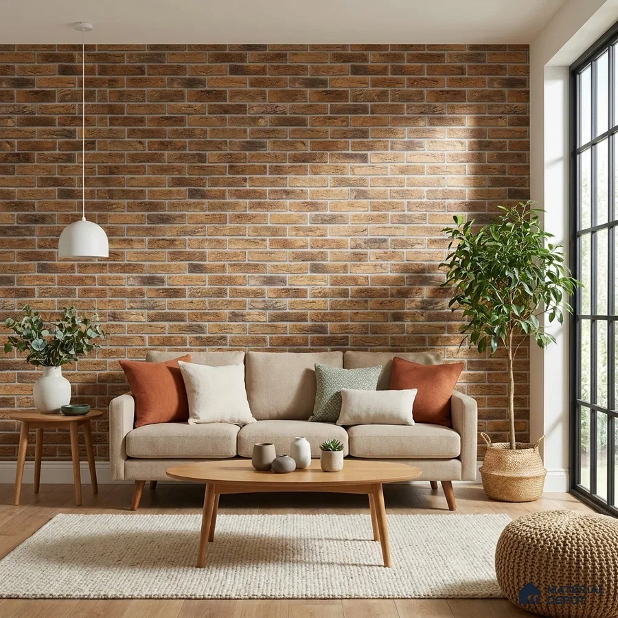 Scandinavian living room with brick wall cladding and light oak wooden flooring