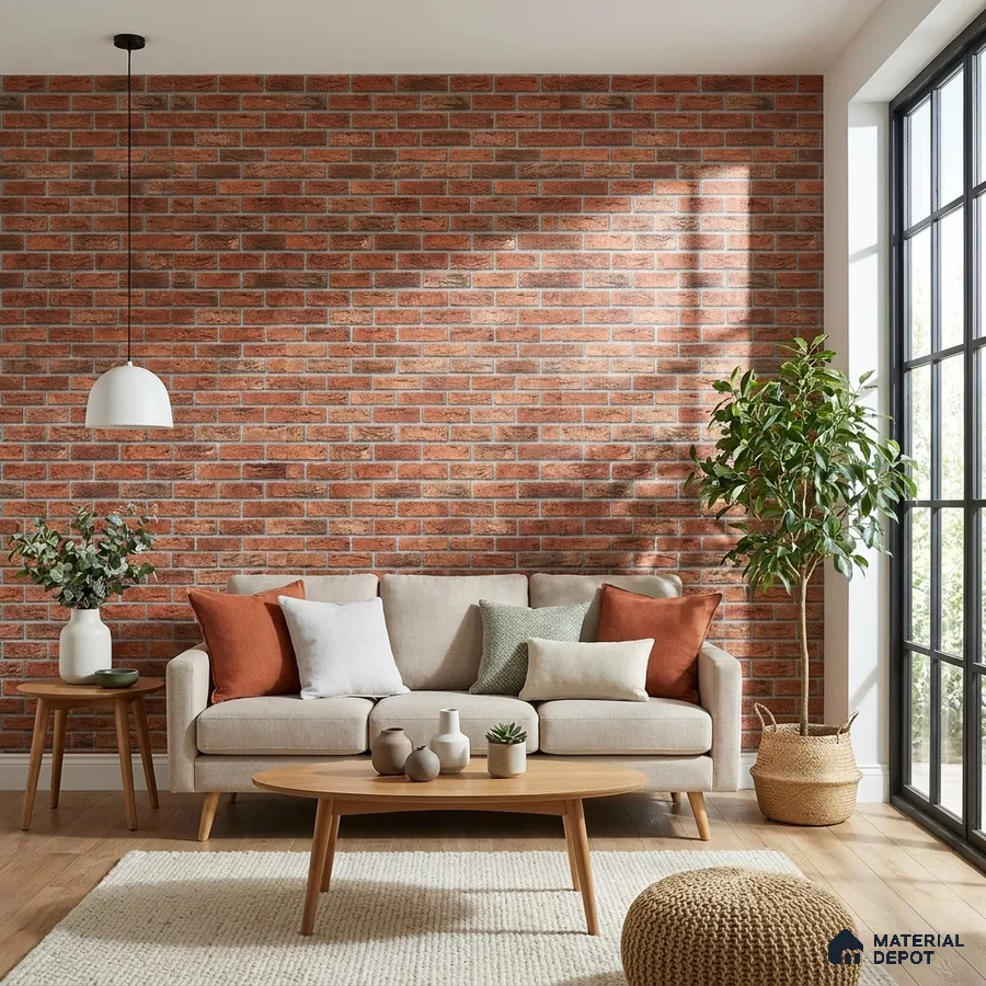 Mid-century modern living room with exposed brick wall and light oak wooden flooring