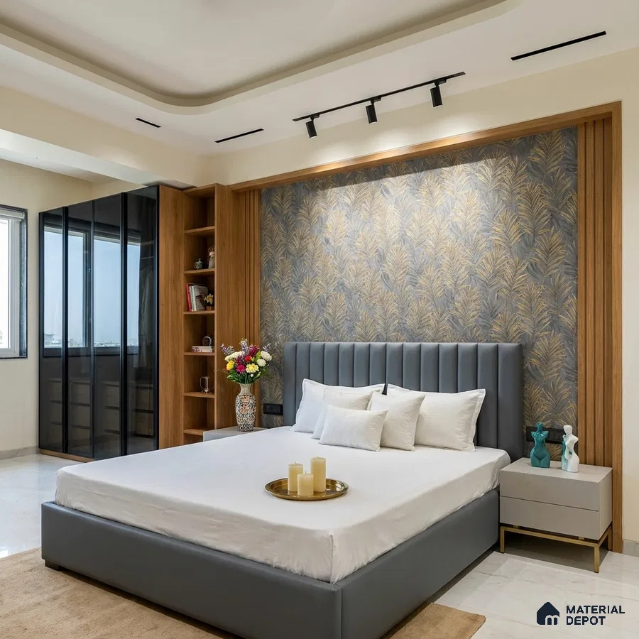 Modern bedroom with grey suede upholstered bed, gold botanical wallpaper, and wooden louvered accent wall