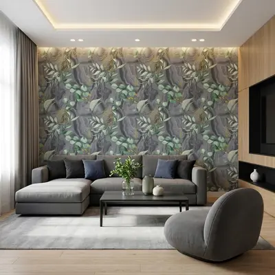 Modern living room with floral patterned wallpaper and light oak wooden flooring
