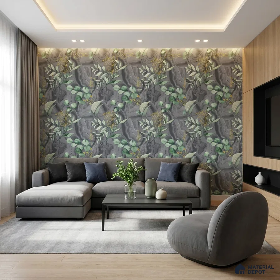 Modern living room with floral patterned wallpaper and light oak wooden flooring
