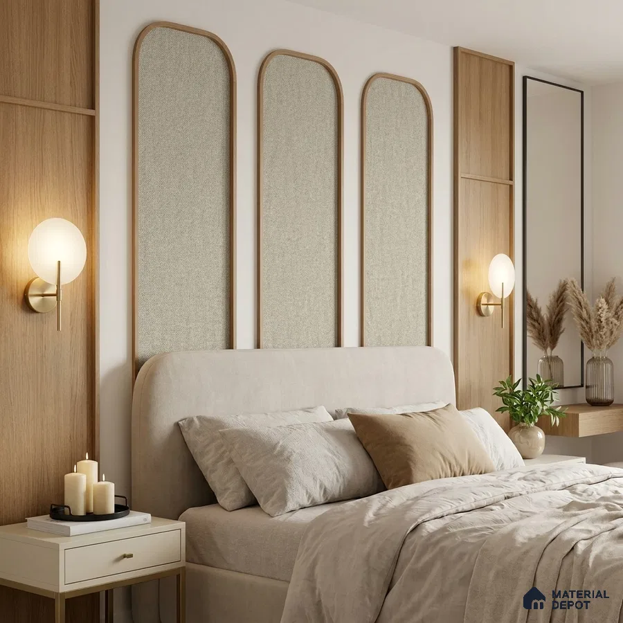 Japandi bedroom with natural wood panels, beige suede upholstered bed, and neutral fabric wall panels