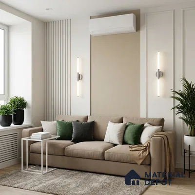 Scandinavian living room with beige fabric sofa, fluted wall panels, and light oak flooring