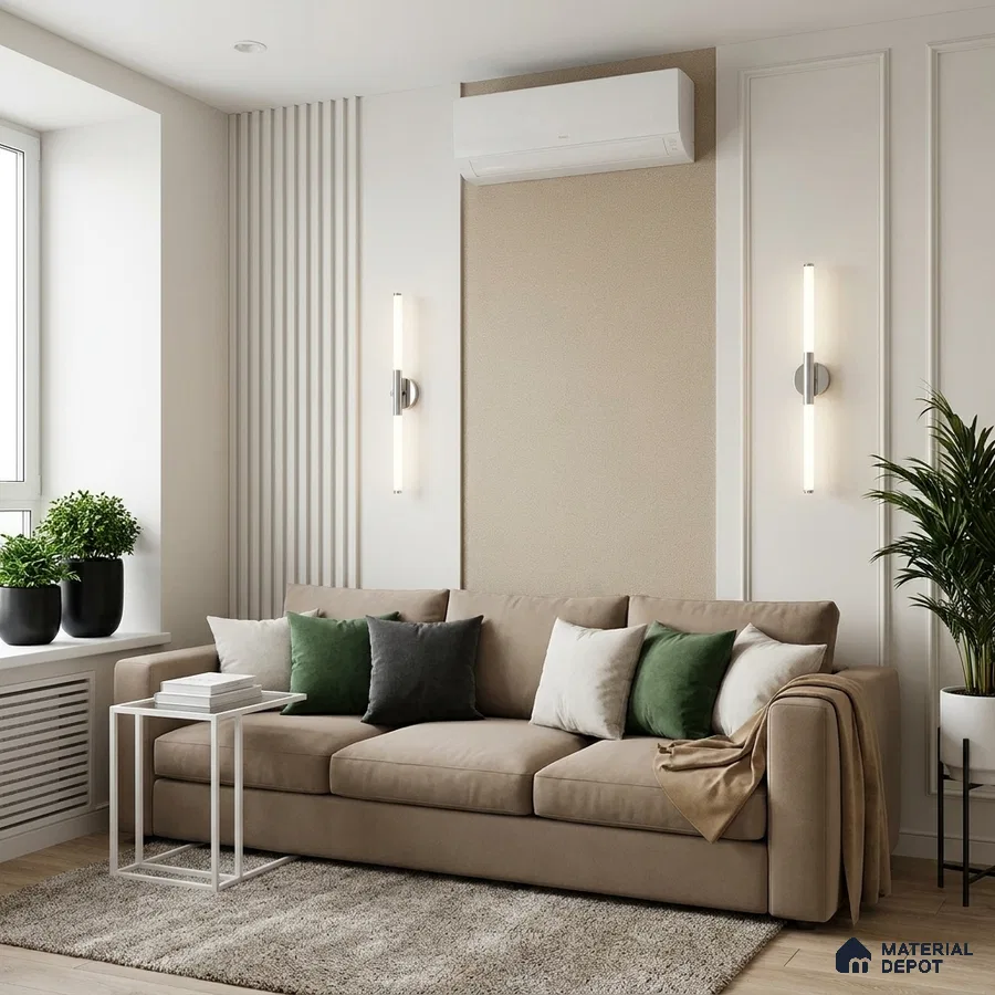 Scandinavian living room with beige fabric sofa, fluted wall panels, and light oak flooring