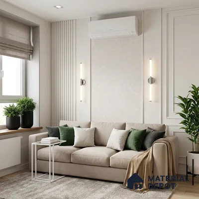 Scandinavian living room with beige fabric sofa, fluted wall panels, and neutral palette
