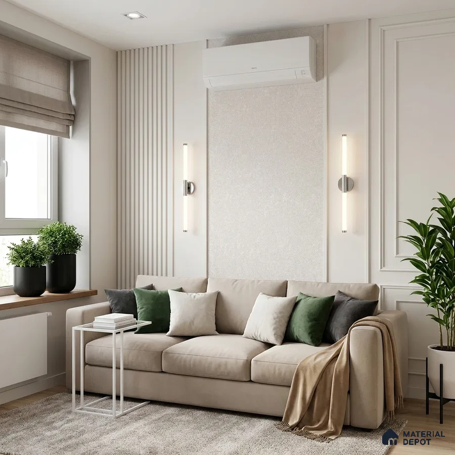 Scandinavian living room with beige fabric sofa, fluted wall panels, and neutral palette