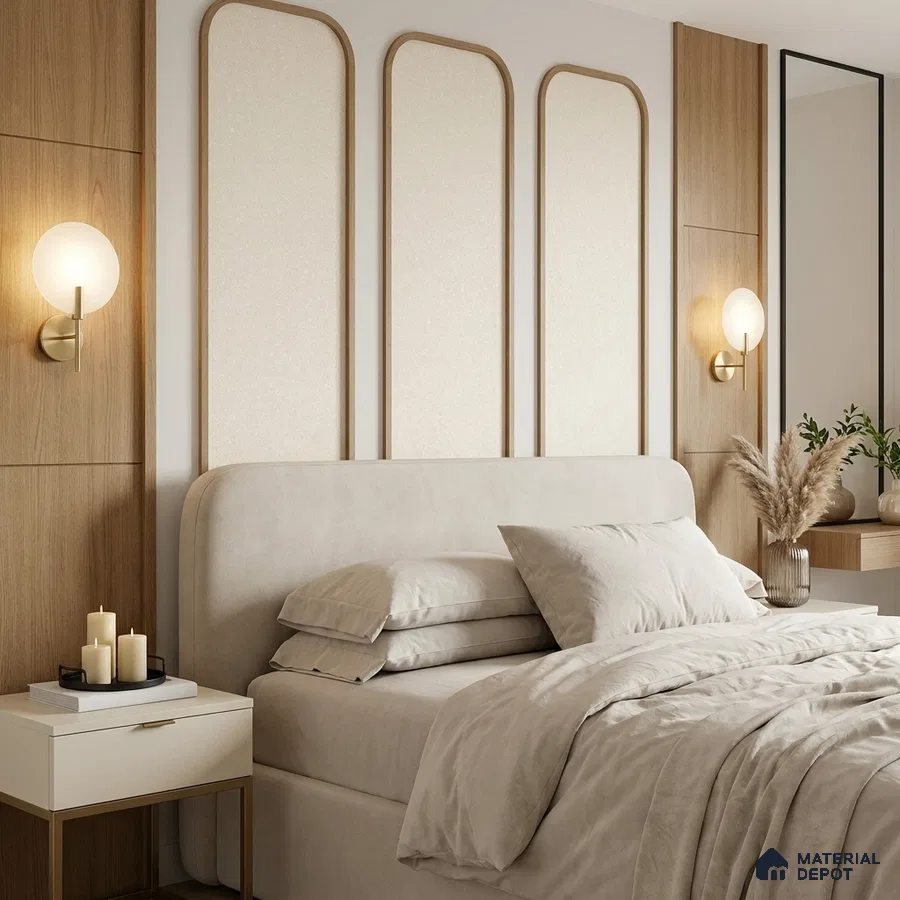 Japandi bedroom with natural wood panels and suede upholstered bed in neutral tones