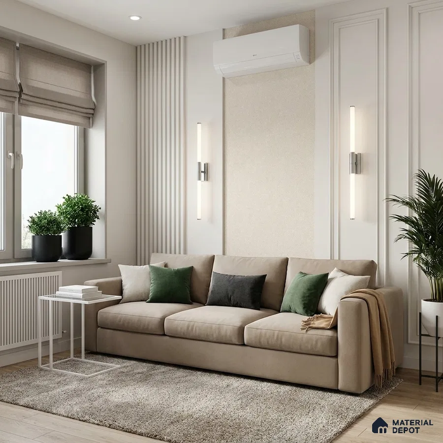 Scandinavian living room with beige fabric sofa, light oak wooden flooring, and textured wall panels