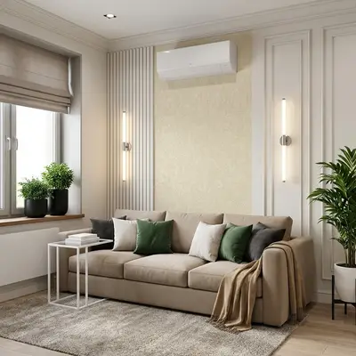 Modern living room with beige fabric sofa, textured wallpaper, and light wood flooring