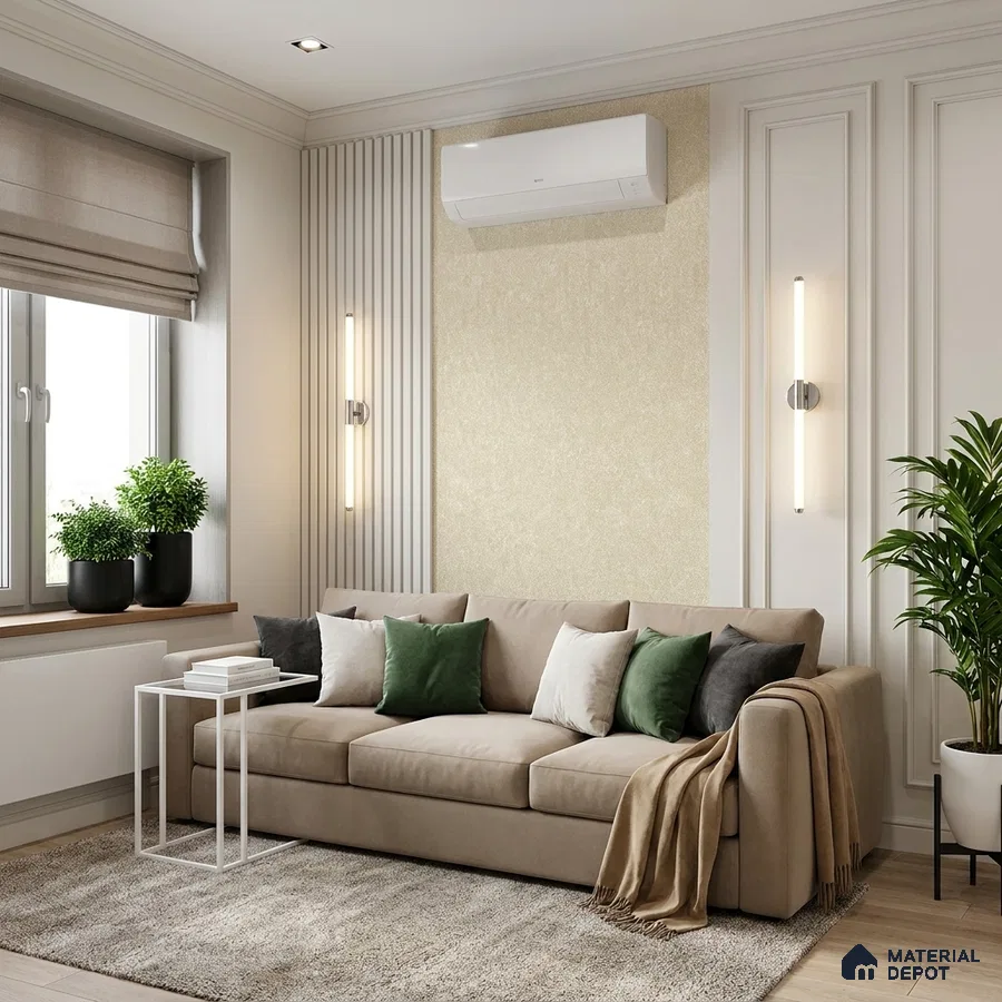 Modern living room with beige fabric sofa, textured wallpaper, and light wood flooring