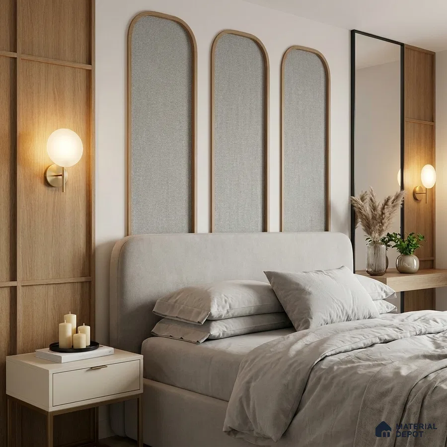 Scandinavian bedroom with light oak wall panels and upholstered bed in neutral tones
