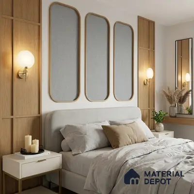 Scandinavian bedroom with light oak wall panels and upholstered bed in neutral tones
