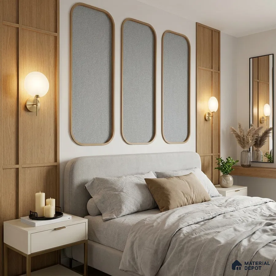 Scandinavian bedroom with light oak wall panels and upholstered bed in neutral tones