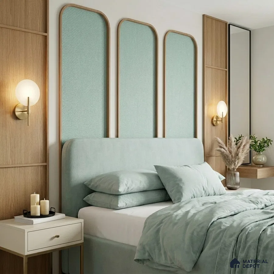 Scandinavian bedroom with pastel green suede upholstery and light oak wall panels
