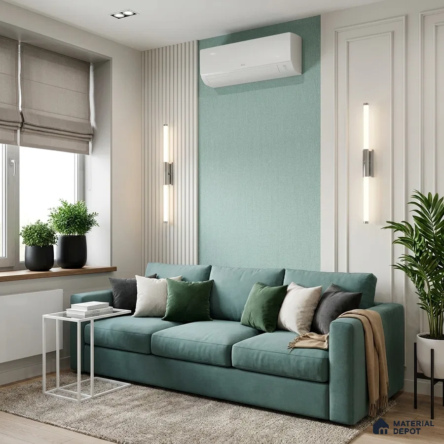 Scandinavian living room with sage green fabric sofa, textured mint accent wall, and light wood flooring