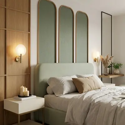Japandi bedroom with sage green upholstered bed, natural wood paneling, and fabric accent wall