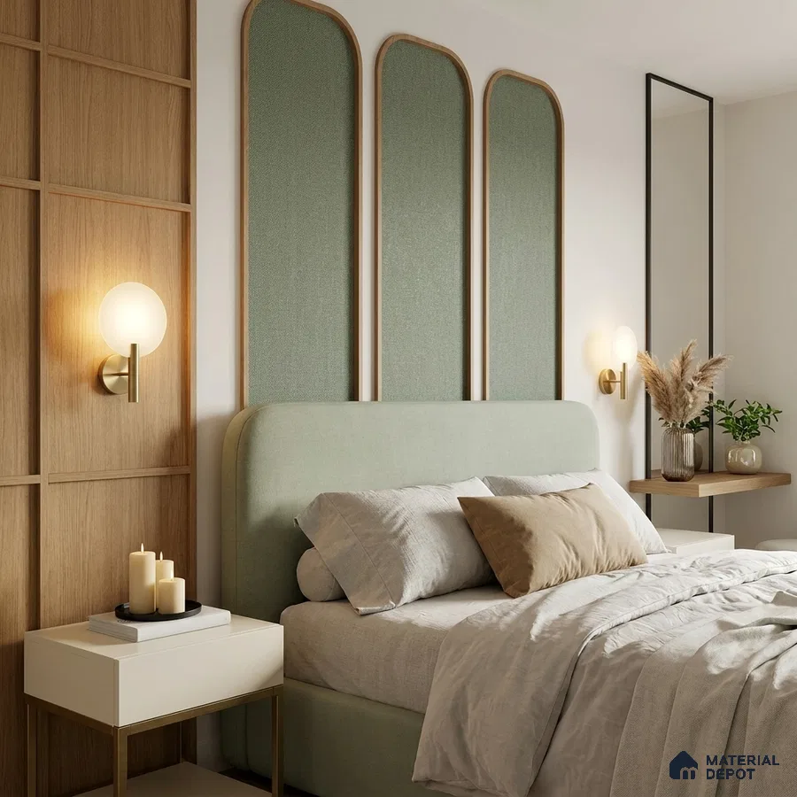 Japandi bedroom with sage green upholstered bed, natural wood paneling, and fabric accent wall