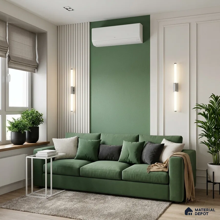 Modern living room with sage green wall paint, green fabric sofa, and fluted wall panels