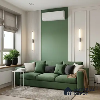 Modern living room with sage green wall paint, green fabric sofa, and fluted wall panels
