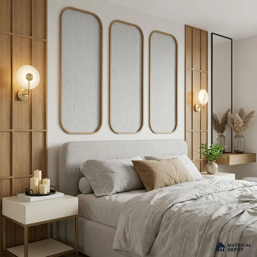 Japandi bedroom with natural oak wood panels and light grey suede upholstered bed