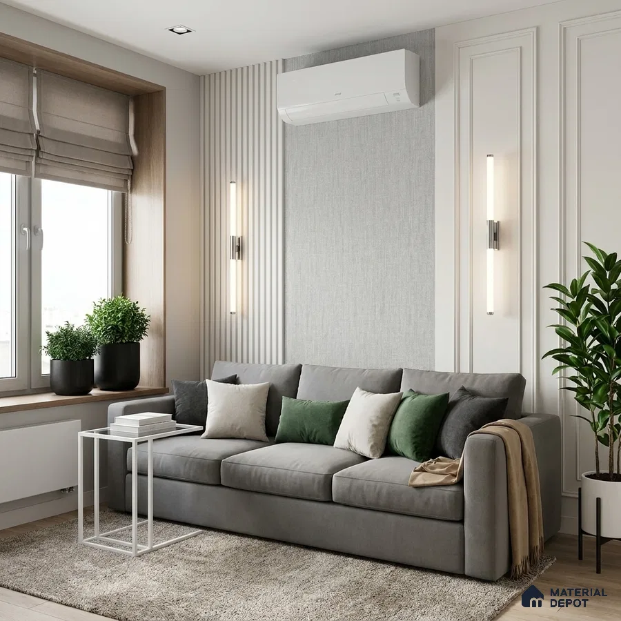 Scandinavian living room with grey fabric sofa, textured wall panels, and light wood flooring