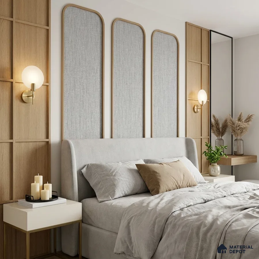 Scandinavian bedroom with light oak wall panels and grey upholstered bed