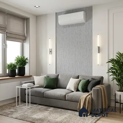Modern living room with grey fabric wallpaper, beige paint, and light oak wooden flooring