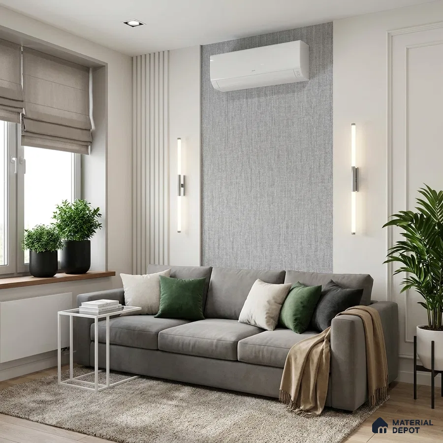 Modern living room with grey fabric wallpaper, beige paint, and light oak wooden flooring