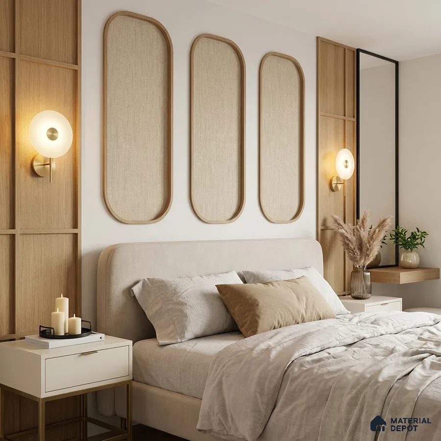 Japandi bedroom with natural wood panels and beige suede upholstered bed