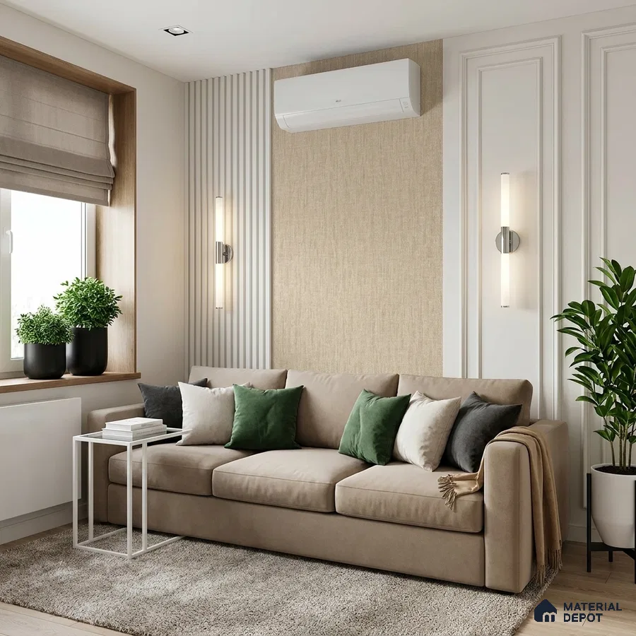 Scandinavian living room with beige fabric sofa, textured beige wallpaper, and light wood flooring